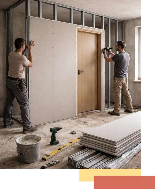 Перегородка из гипсокартона с дверью под ключ в Туймазах