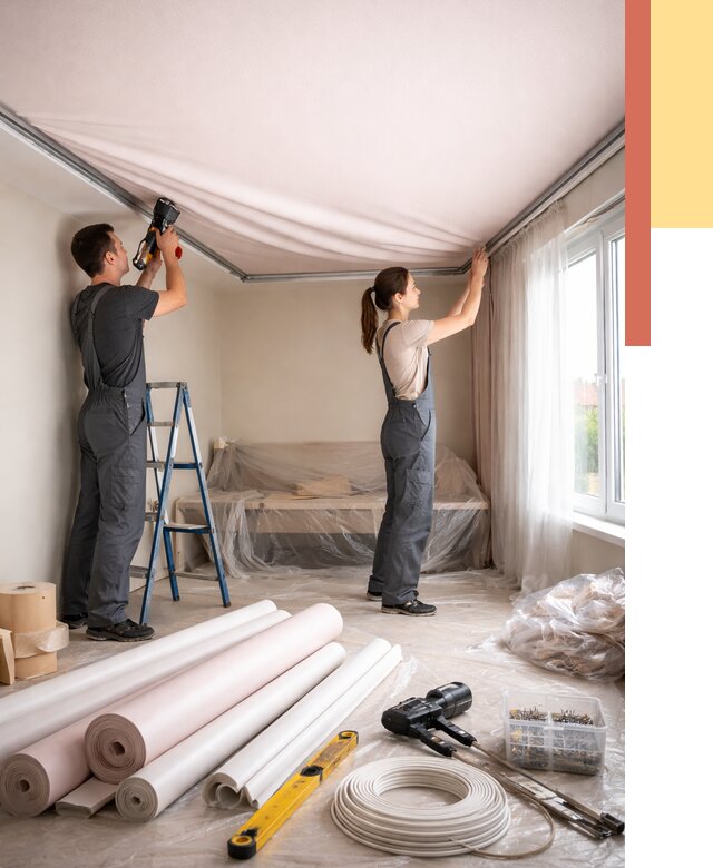 Монтаж цветного натяжного потолка в Туймазах от 4280 руб/м² — быстро и недорого | ОТДЕЛОЧНИК-Тмз