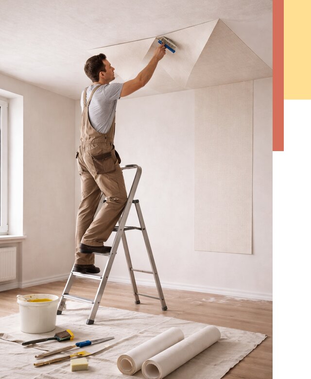 Поклейка обоев на потолок в Туймазах от 4586 руб. быстро и недорого | ОТДЕЛОЧНИК-Тмз